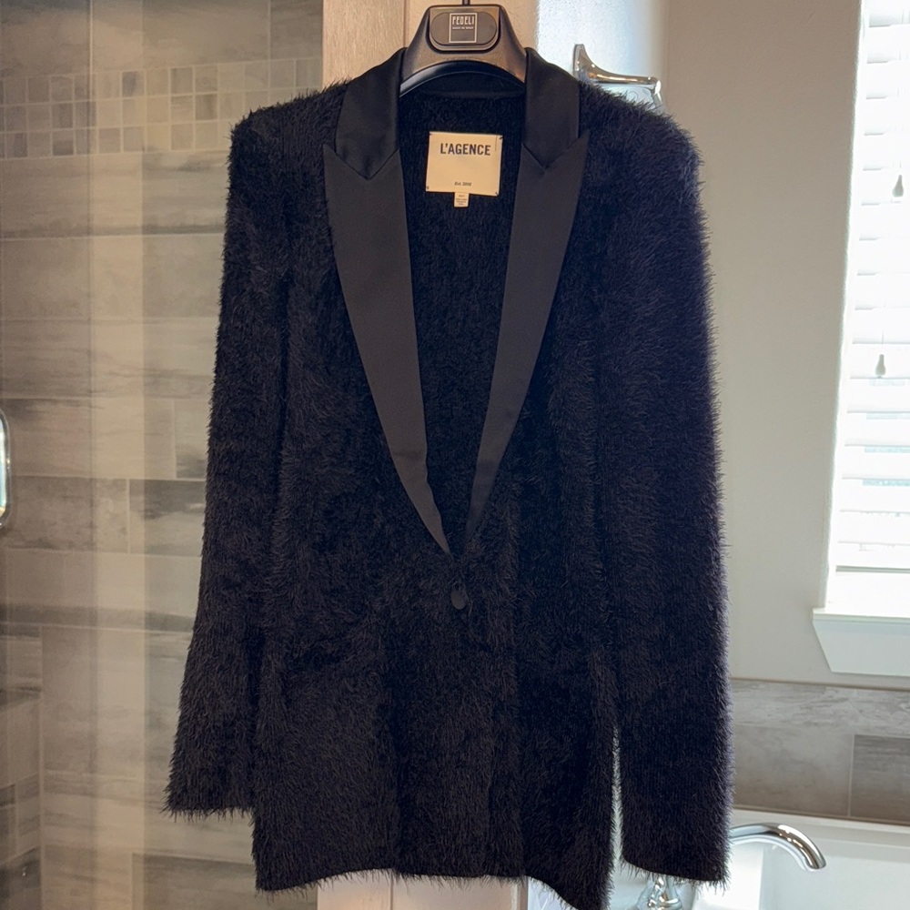 L'AGENCE Black Textured Blazer with Satin Lapels